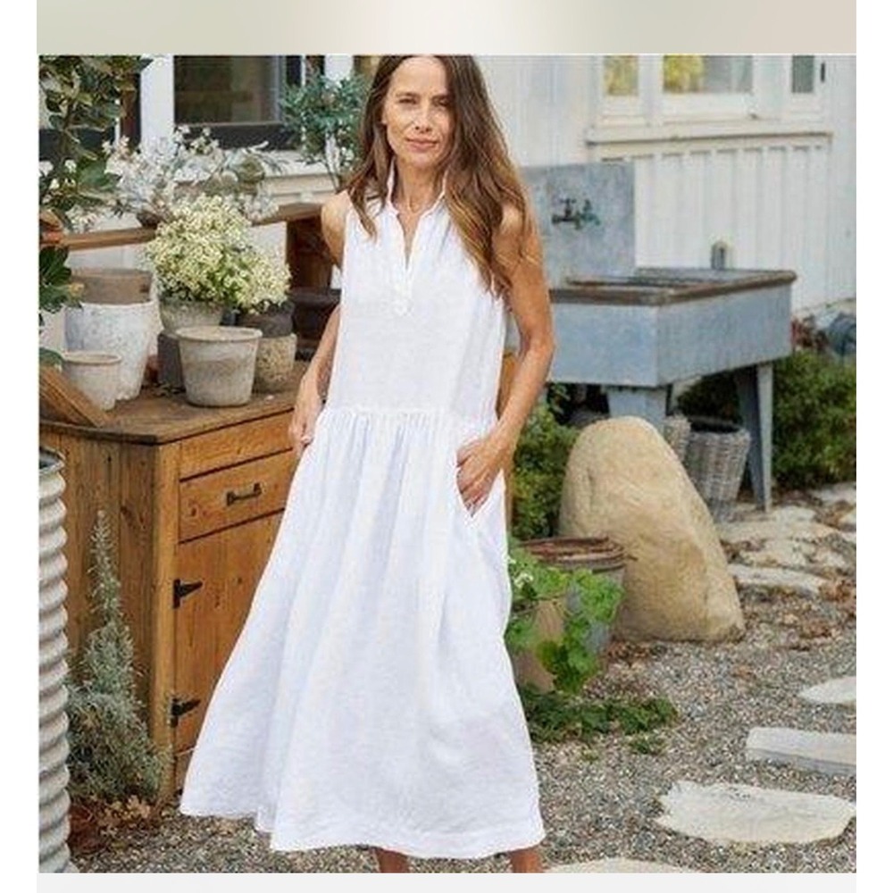 Frank & Eileen Daphne Dress Womens Small White Linen Sleeveless Midi Pockets